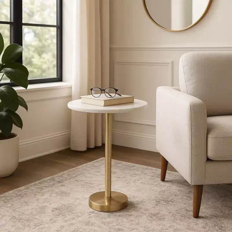 Elegant End Table, Side Table, or Small Night Stand for Room Decor - Bold Hammered Metal Bedside Table with Polished Marble Top for Small Spaces