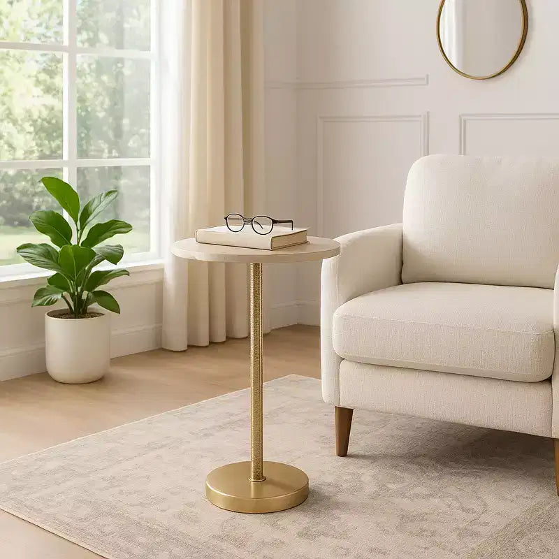 Elegant End Table, Side Table, or Small Night Stand for Room Decor - Bold Hammered Metal Bedside Table with Polished Marble Top for Small Spaces