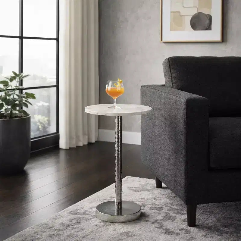 Elegant End Table, Side Table, or Small Night Stand for Room Decor - Bold Hammered Metal Bedside Table with Polished Marble Top for Small Spaces