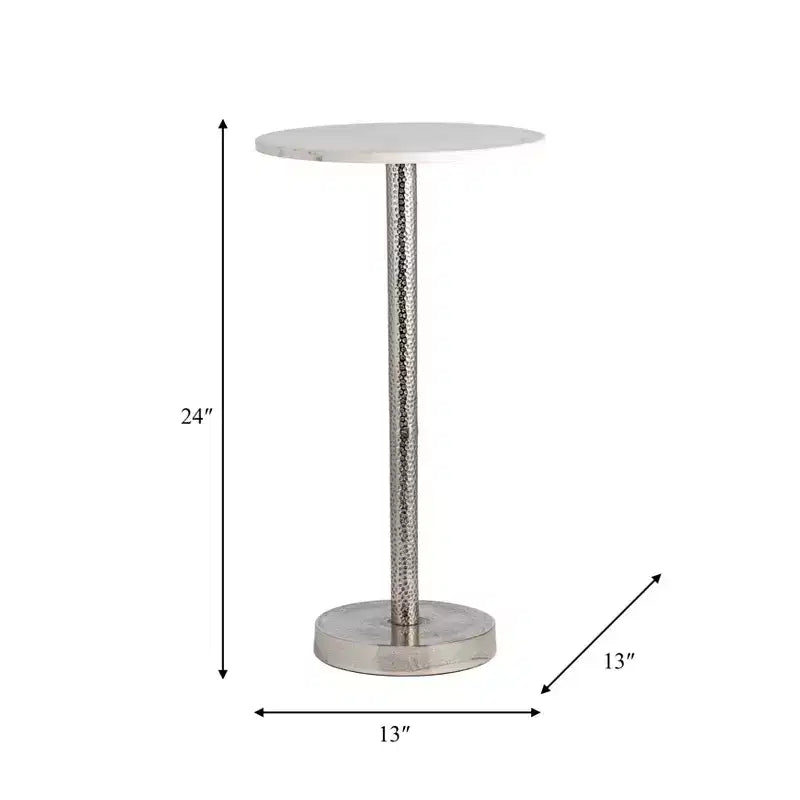 Elegant End Table, Side Table, or Small Night Stand for Room Decor - Bold Hammered Metal Bedside Table with Polished Marble Top for Small Spaces
