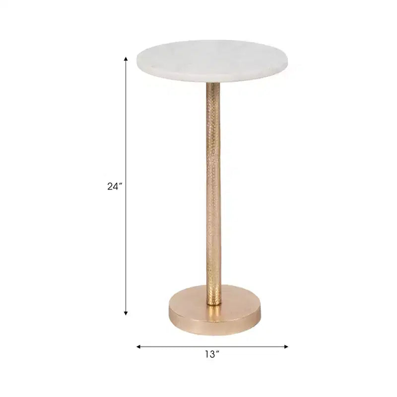 Elegant End Table, Side Table, or Small Night Stand for Room Decor - Bold Hammered Metal Bedside Table with Polished Marble Top for Small Spaces