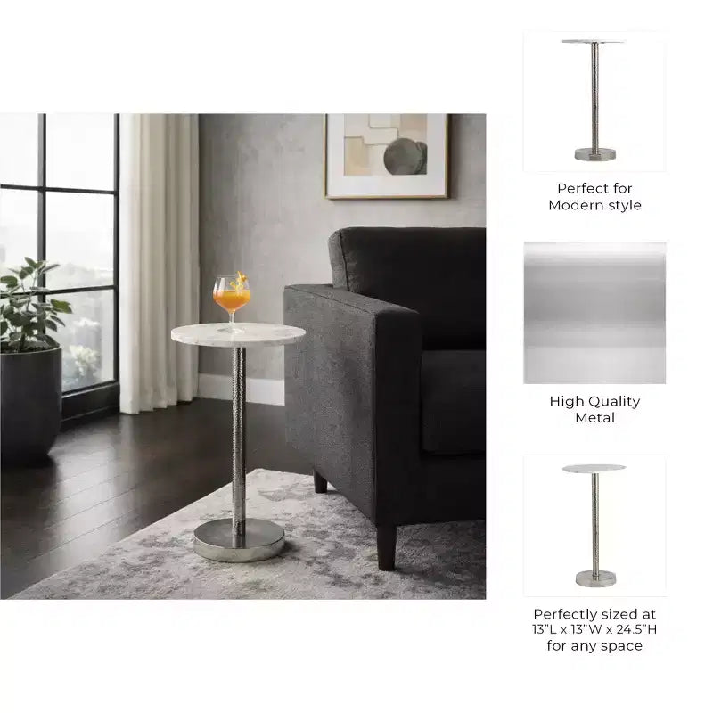 Elegant End Table, Side Table, or Small Night Stand for Room Decor - Bold Hammered Metal Bedside Table with Polished Marble Top for Small Spaces