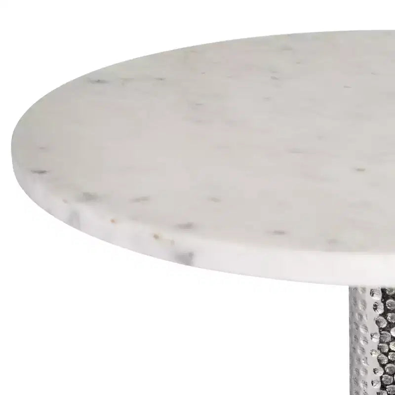 Elegant End Table, Side Table, or Small Night Stand for Room Decor - Bold Hammered Metal Bedside Table with Polished Marble Top for Small Spaces