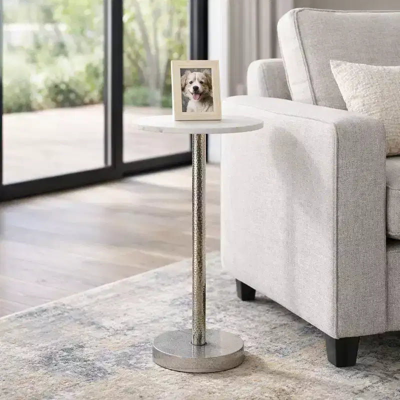 Elegant End Table, Side Table, or Small Night Stand for Room Decor - Bold Hammered Metal Bedside Table with Polished Marble Top for Small Spaces