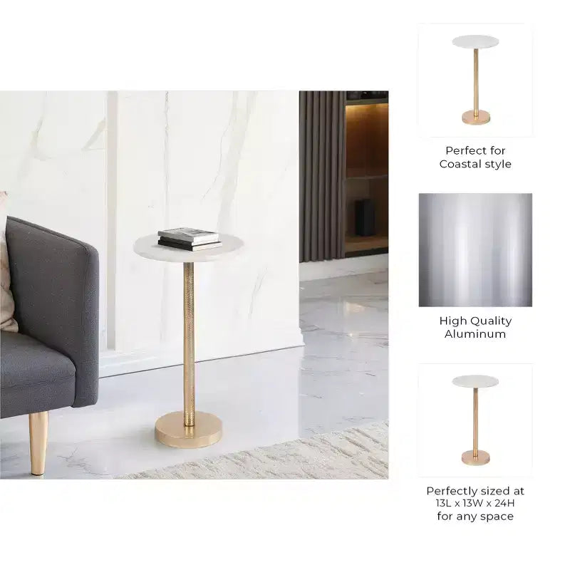 Elegant End Table, Side Table, or Small Night Stand for Room Decor - Bold Hammered Metal Bedside Table with Polished Marble Top for Small Spaces