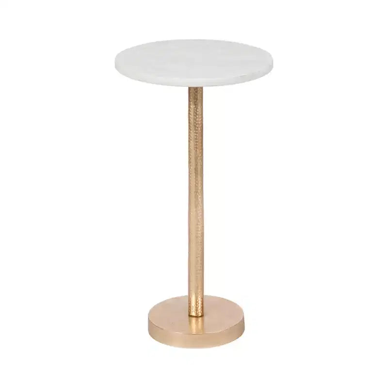 Elegant End Table, Side Table, or Small Night Stand for Room Decor - Bold Hammered Metal Bedside Table with Polished Marble Top for Small Spaces