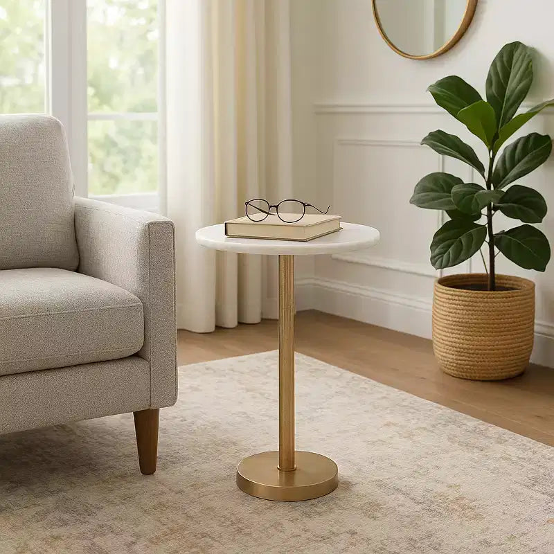 Elegant End Table, Side Table, or Small Night Stand for Room Decor - Bold Hammered Metal Bedside Table with Polished Marble Top for Small Spaces