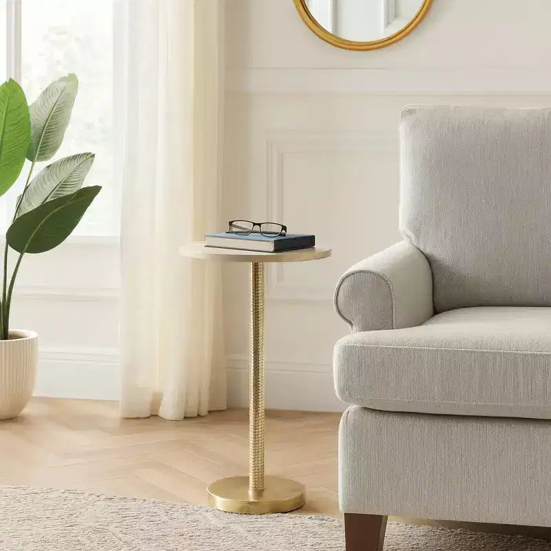 Elegant End Table, Side Table, or Small Night Stand for Room Decor - Bold Hammered Metal Bedside Table with Polished Marble Top for Small Spaces