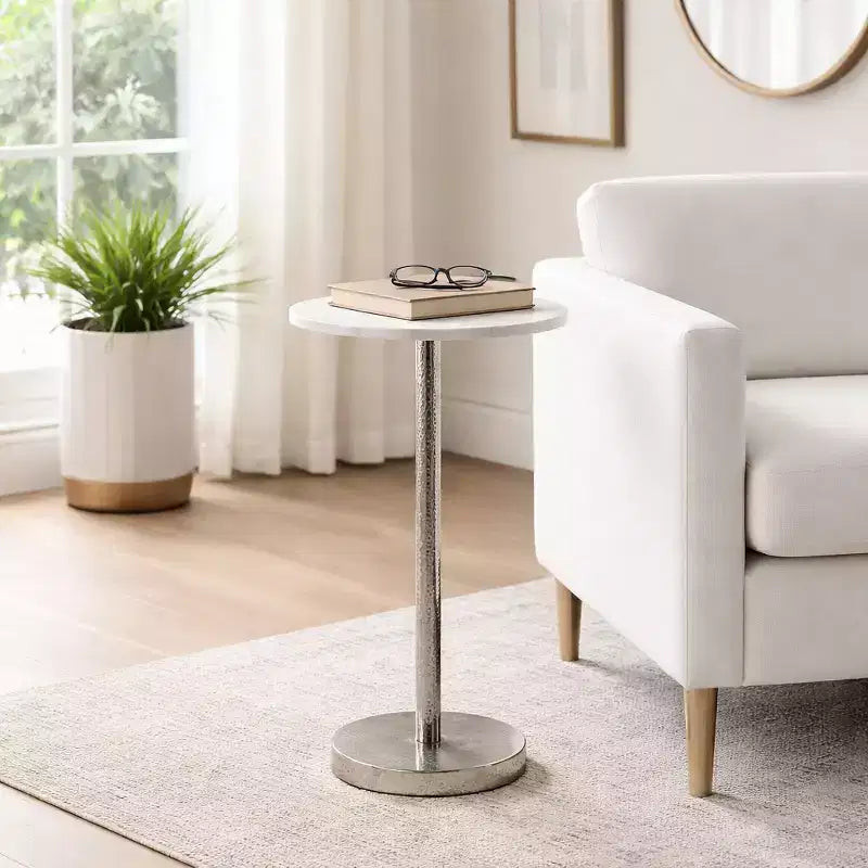 Elegant End Table, Side Table, or Small Night Stand for Room Decor - Bold Hammered Metal Bedside Table with Polished Marble Top for Small Spaces