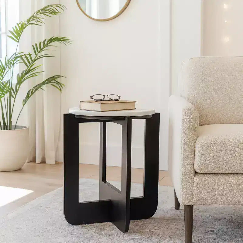 Chic End Table, Side Table, or Small Night Stand for Room Decor - Sturdy Wood Criss-cross Bedside Table with Marble Top - 20 White & Black