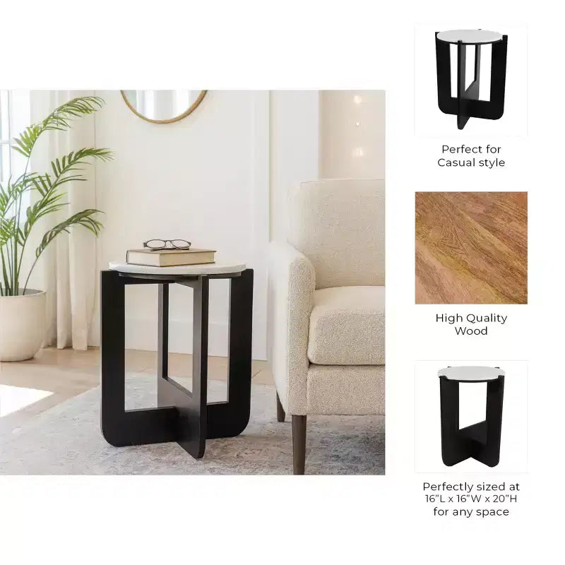 Chic End Table, Side Table, or Small Night Stand for Room Decor - Sturdy Wood Criss-cross Bedside Table with Marble Top - 20 White & Black