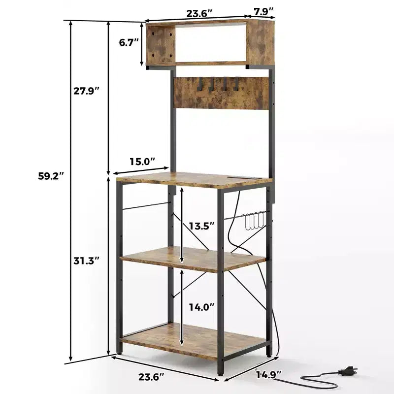 CuisinSmart 4 Tiers Industrial Kitchen Baker Rack with Power Outlet, Freestanding Microwave Oven Stand with Shelves+10 Hooks for Dining Room, Brown