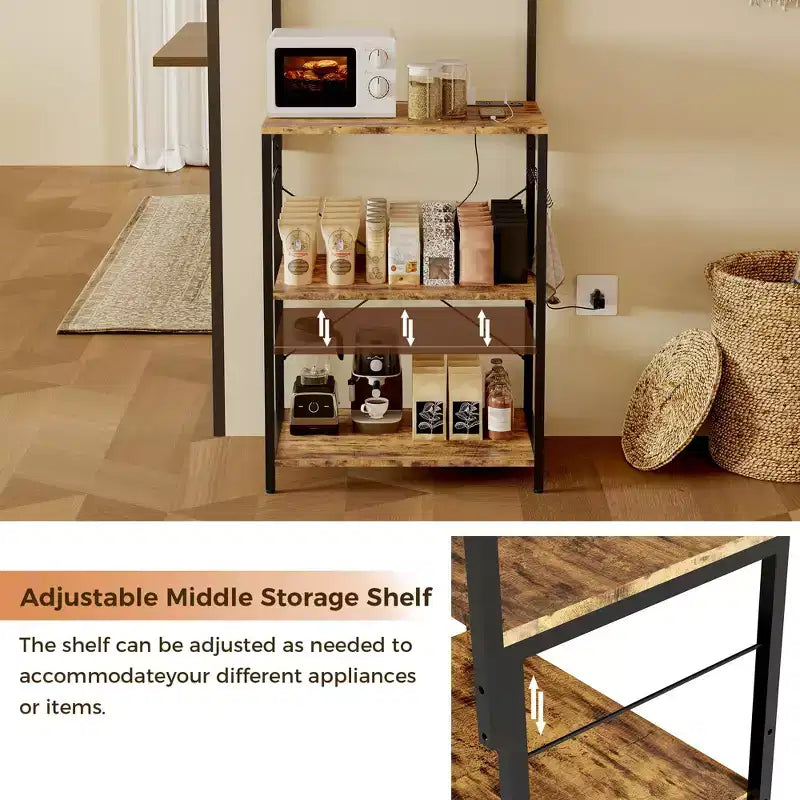 CuisinSmart 4 Tiers Industrial Kitchen Baker Rack with Power Outlet, Freestanding Microwave Oven Stand with Shelves+10 Hooks for Dining Room, Brown
