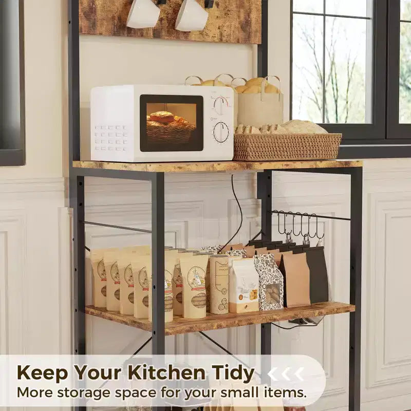 CuisinSmart 4 Tiers Industrial Kitchen Baker Rack with Power Outlet, Freestanding Microwave Oven Stand with Shelves+10 Hooks for Dining Room, Brown