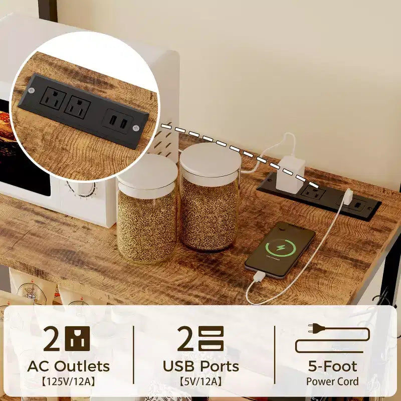 CuisinSmart 4 Tiers Industrial Kitchen Baker Rack with Power Outlet, Freestanding Microwave Oven Stand with Shelves+10 Hooks for Dining Room, Brown