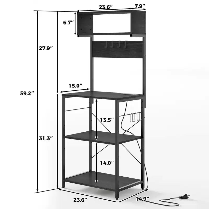 CuisinSmart 4 Tiers Industrial Kitchen Baker Rack with Power Outlet, Freestanding Microwave Oven Stand with Shelves+10 Hooks for Dining Room, Brown