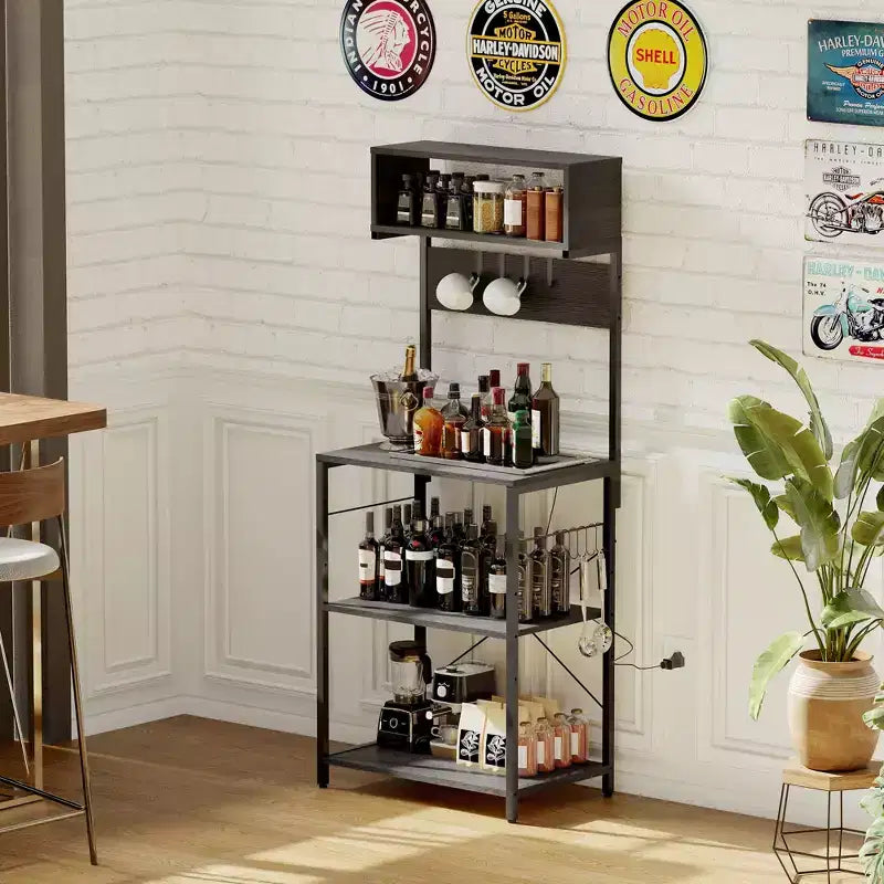 CuisinSmart 4 Tiers Industrial Kitchen Baker Rack with Power Outlet, Freestanding Microwave Oven Stand with Shelves+10 Hooks for Dining Room, Brown