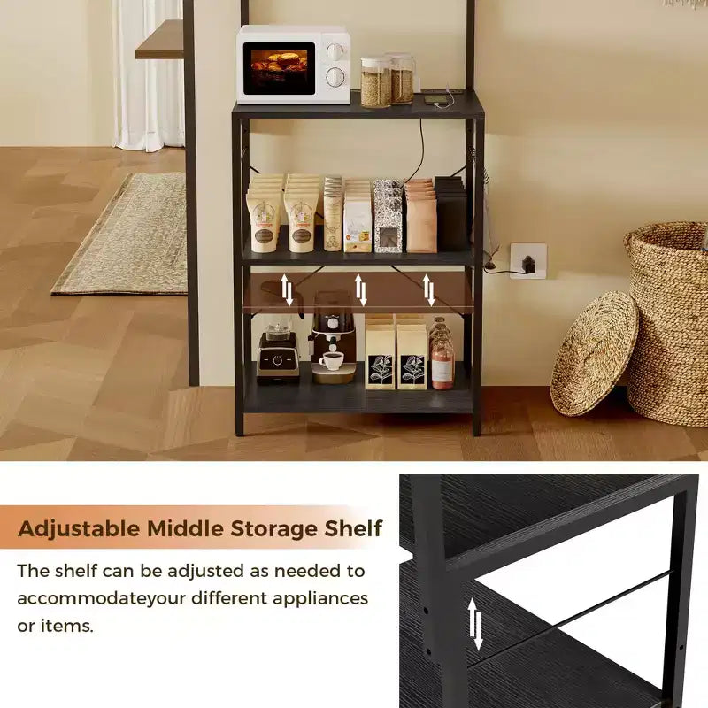 CuisinSmart 4 Tiers Industrial Kitchen Baker Rack with Power Outlet, Freestanding Microwave Oven Stand with Shelves+10 Hooks for Dining Room, Brown