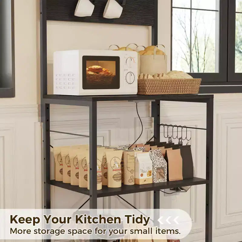 CuisinSmart 4 Tiers Industrial Kitchen Baker Rack with Power Outlet, Freestanding Microwave Oven Stand with Shelves+10 Hooks for Dining Room, Brown