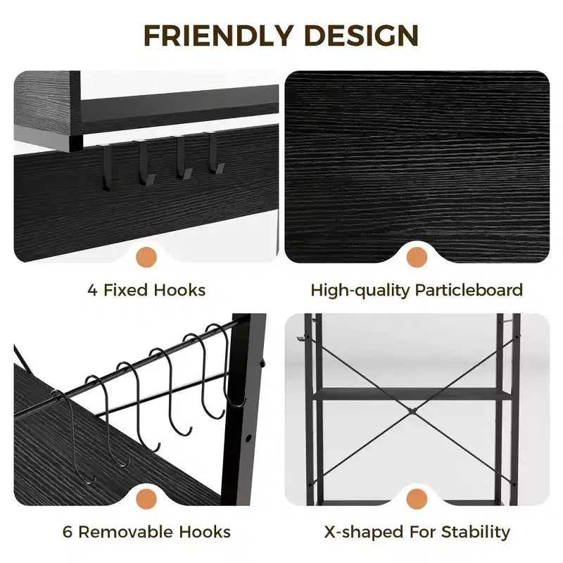 CuisinSmart 4 Tiers Industrial Kitchen Baker Rack with Power Outlet, Freestanding Microwave Oven Stand with Shelves+10 Hooks for Dining Room, Brown