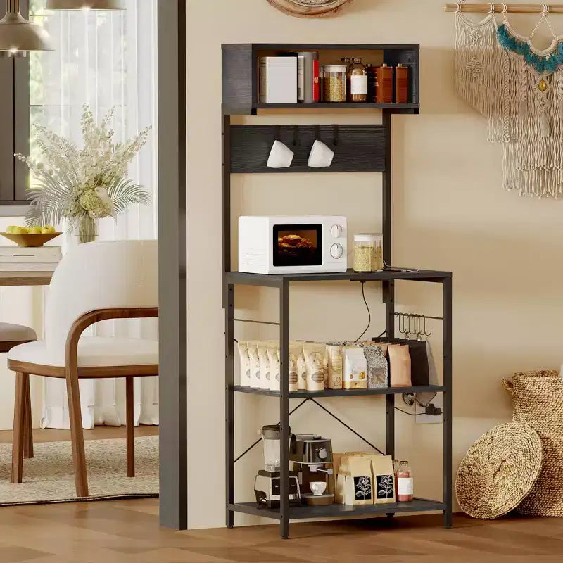 CuisinSmart 4 Tiers Industrial Kitchen Baker Rack with Power Outlet, Freestanding Microwave Oven Stand with Shelves+10 Hooks for Dining Room, Brown