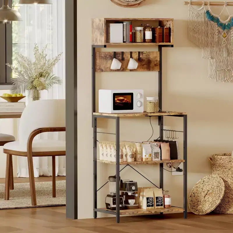 CuisinSmart 4 Tiers Industrial Kitchen Baker Rack with Power Outlet, Freestanding Microwave Oven Stand with Shelves+10 Hooks for Dining Room, Brown