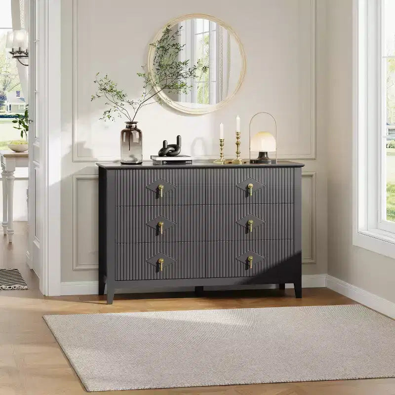 White Dresser for Bedroom with 6 Drawers, 47 Wide Wood Chest of Deep Drawers, Modern TV Stand Large Storage Organizer for Closet,Living Room,Hallway