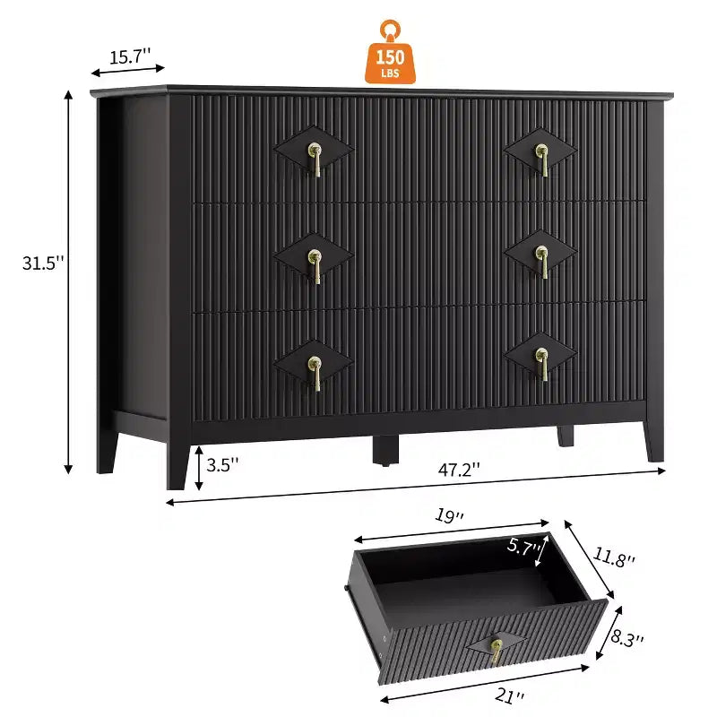 White Dresser for Bedroom with 6 Drawers, 47 Wide Wood Chest of Deep Drawers, Modern TV Stand Large Storage Organizer for Closet,Living Room,Hallway