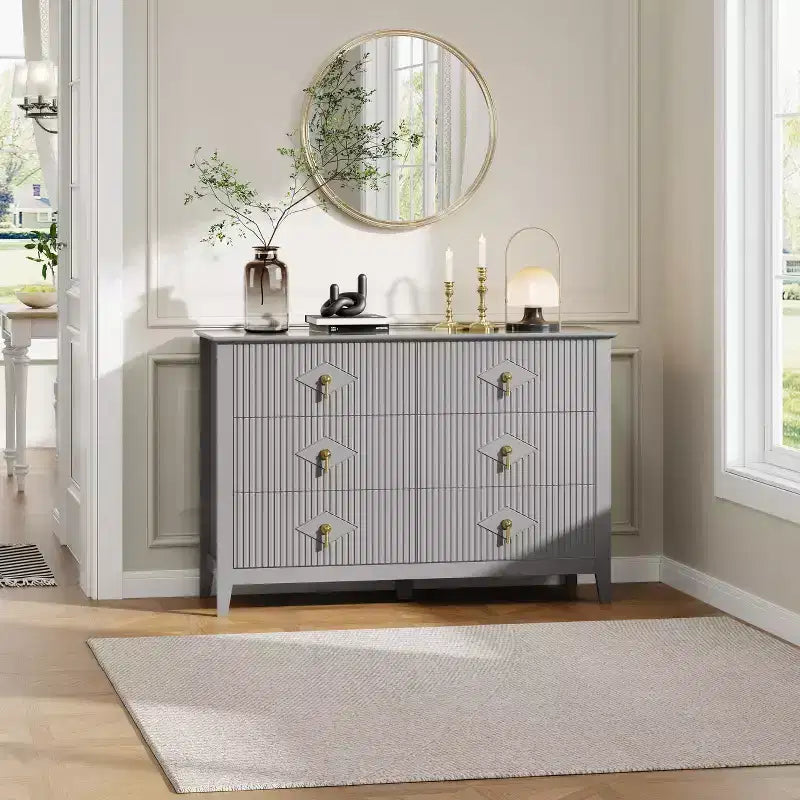 White Dresser for Bedroom with 6 Drawers, 47 Wide Wood Chest of Deep Drawers, Modern TV Stand Large Storage Organizer for Closet,Living Room,Hallway
