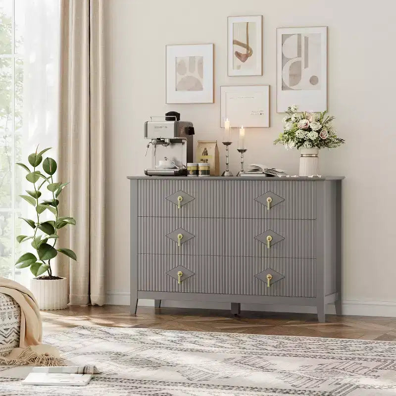 White Dresser for Bedroom with 6 Drawers, 47 Wide Wood Chest of Deep Drawers, Modern TV Stand Large Storage Organizer for Closet,Living Room,Hallway