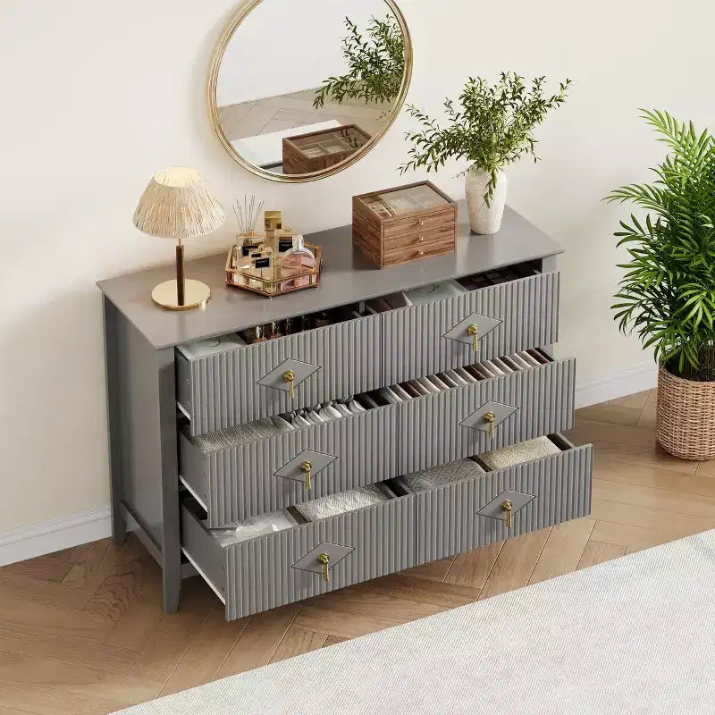 White Dresser for Bedroom with 6 Drawers, 47 Wide Wood Chest of Deep Drawers, Modern TV Stand Large Storage Organizer for Closet,Living Room,Hallway