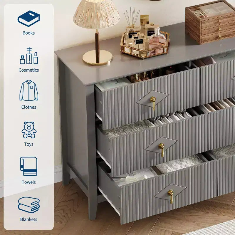 White Dresser for Bedroom with 6 Drawers, 47 Wide Wood Chest of Deep Drawers, Modern TV Stand Large Storage Organizer for Closet,Living Room,Hallway