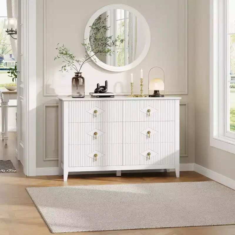 White Dresser for Bedroom with 6 Drawers, 47 Wide Wood Chest of Deep Drawers, Modern TV Stand Large Storage Organizer for Closet,Living Room,Hallway