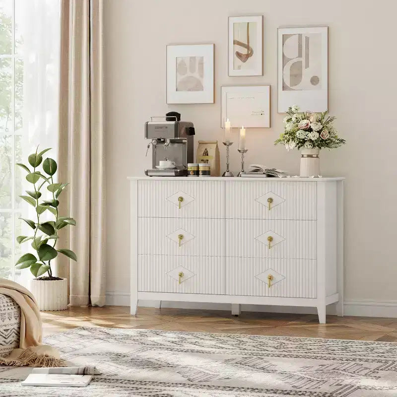 White Dresser for Bedroom with 6 Drawers, 47 Wide Wood Chest of Deep Drawers, Modern TV Stand Large Storage Organizer for Closet,Living Room,Hallway