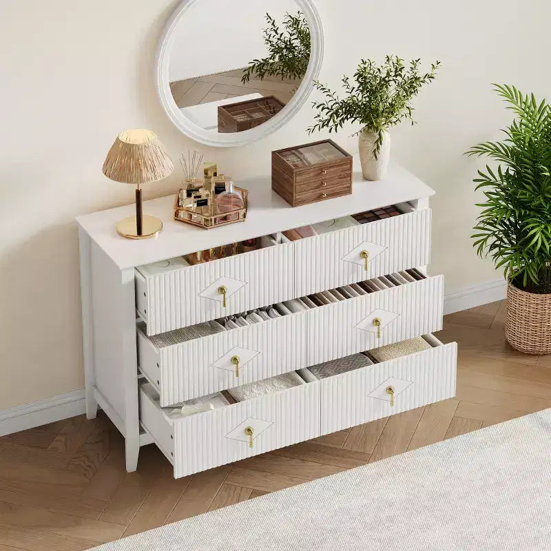 White Dresser for Bedroom with 6 Drawers, 47 Wide Wood Chest of Deep Drawers, Modern TV Stand Large Storage Organizer for Closet,Living Room,Hallway