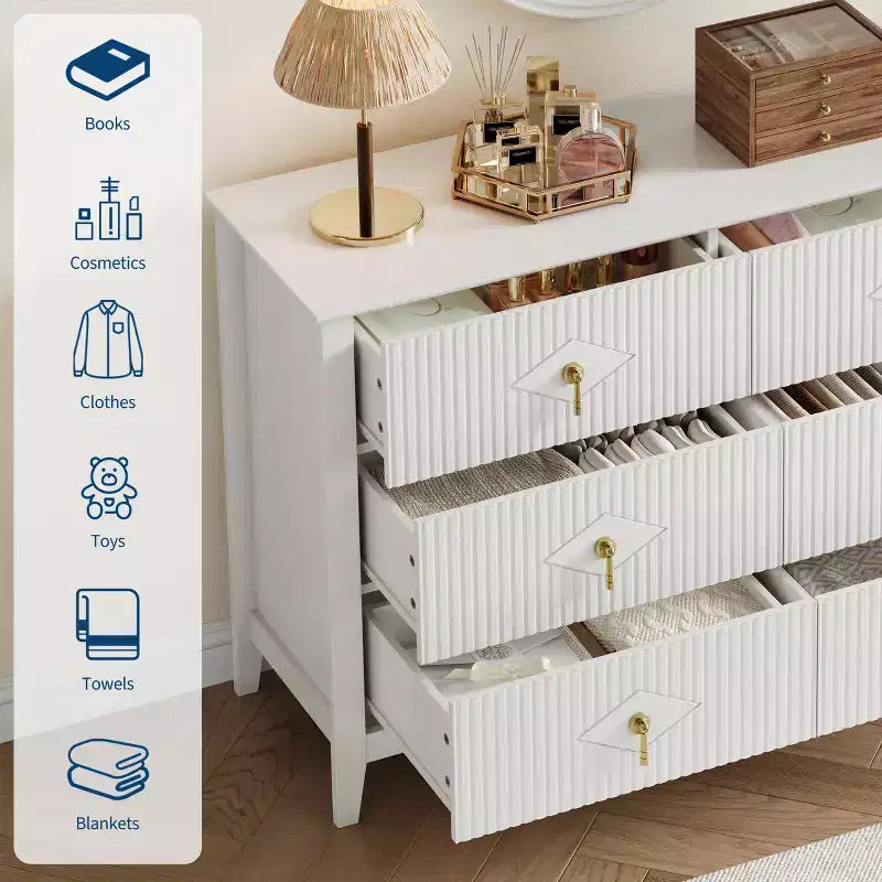 White Dresser for Bedroom with 6 Drawers, 47 Wide Wood Chest of Deep Drawers, Modern TV Stand Large Storage Organizer for Closet,Living Room,Hallway