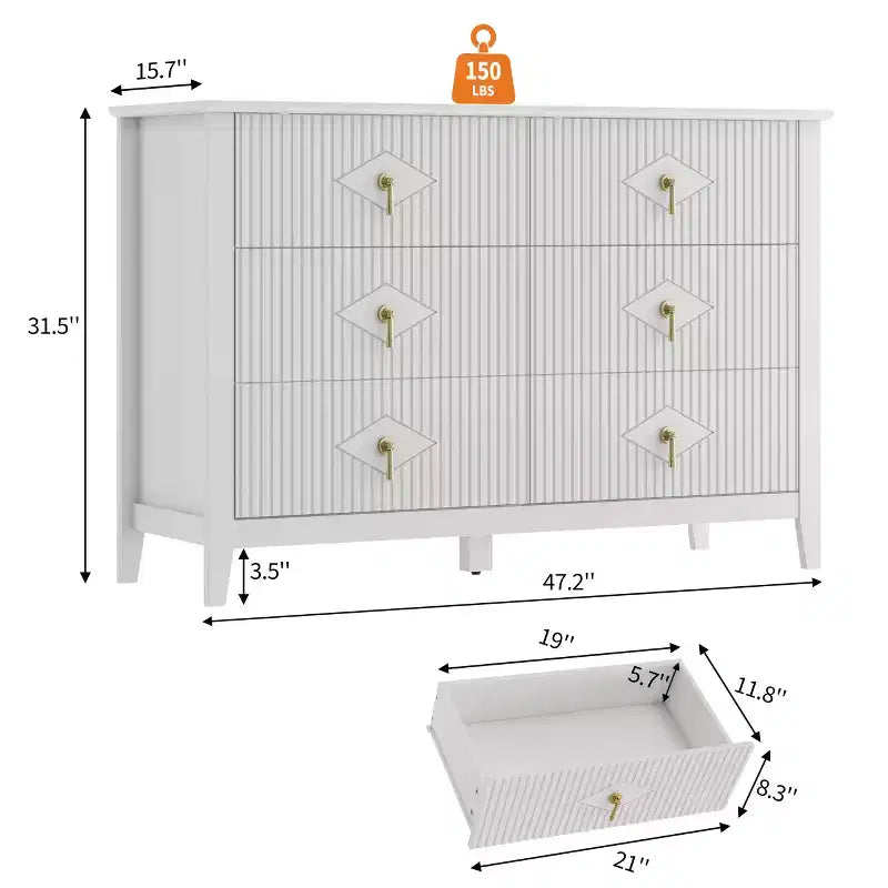 White Dresser for Bedroom with 6 Drawers, 47 Wide Wood Chest of Deep Drawers, Modern TV Stand Large Storage Organizer for Closet,Living Room,Hallway
