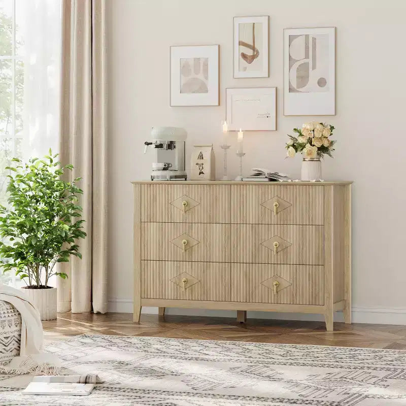 White Dresser for Bedroom with 6 Drawers, 47 Wide Wood Chest of Deep Drawers, Modern TV Stand Large Storage Organizer for Closet,Living Room,Hallway
