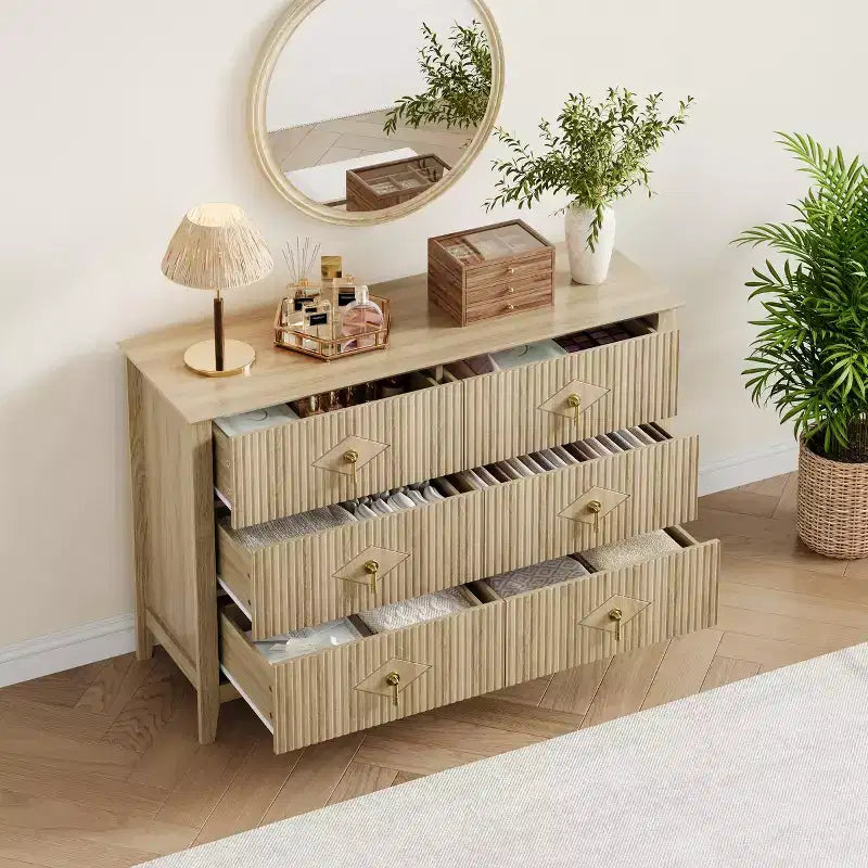 White Dresser for Bedroom with 6 Drawers, 47 Wide Wood Chest of Deep Drawers, Modern TV Stand Large Storage Organizer for Closet,Living Room,Hallway