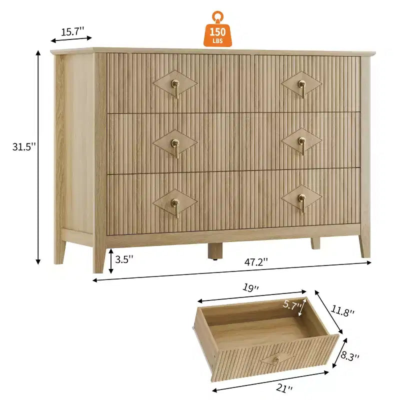 White Dresser for Bedroom with 6 Drawers, 47 Wide Wood Chest of Deep Drawers, Modern TV Stand Large Storage Organizer for Closet,Living Room,Hallway