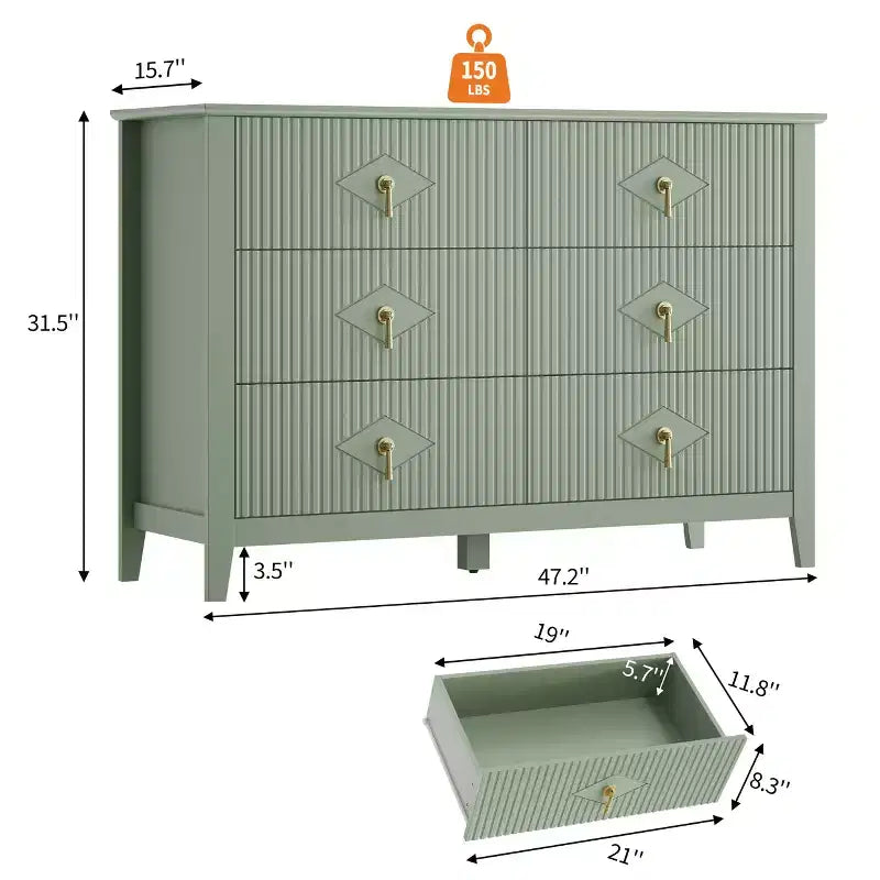 White Dresser for Bedroom with 6 Drawers, 47 Wide Wood Chest of Deep Drawers, Modern TV Stand Large Storage Organizer for Closet,Living Room,Hallway