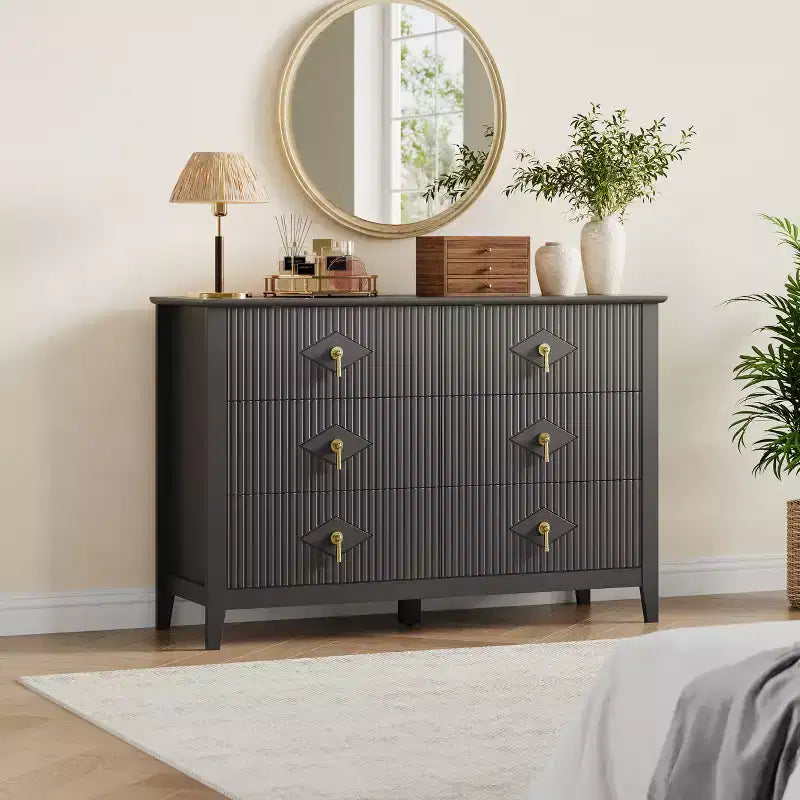 White Dresser for Bedroom with 6 Drawers, 47 Wide Wood Chest of Deep Drawers, Modern TV Stand Large Storage Organizer for Closet,Living Room,Hallway