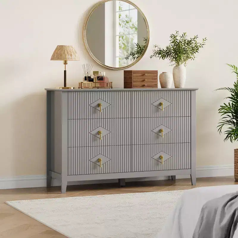 White Dresser for Bedroom with 6 Drawers, 47 Wide Wood Chest of Deep Drawers, Modern TV Stand Large Storage Organizer for Closet,Living Room,Hallway