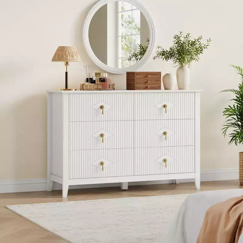 White Dresser for Bedroom with 6 Drawers, 47 Wide Wood Chest of Deep Drawers, Modern TV Stand Large Storage Organizer for Closet,Living Room,Hallway