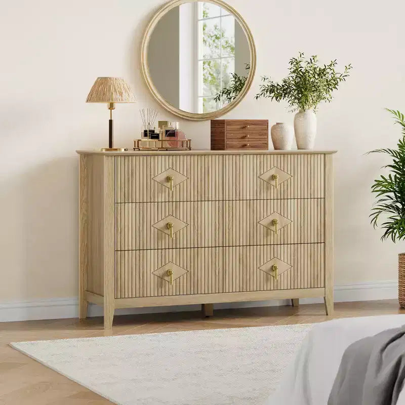 White Dresser for Bedroom with 6 Drawers, 47 Wide Wood Chest of Deep Drawers, Modern TV Stand Large Storage Organizer for Closet,Living Room,Hallway