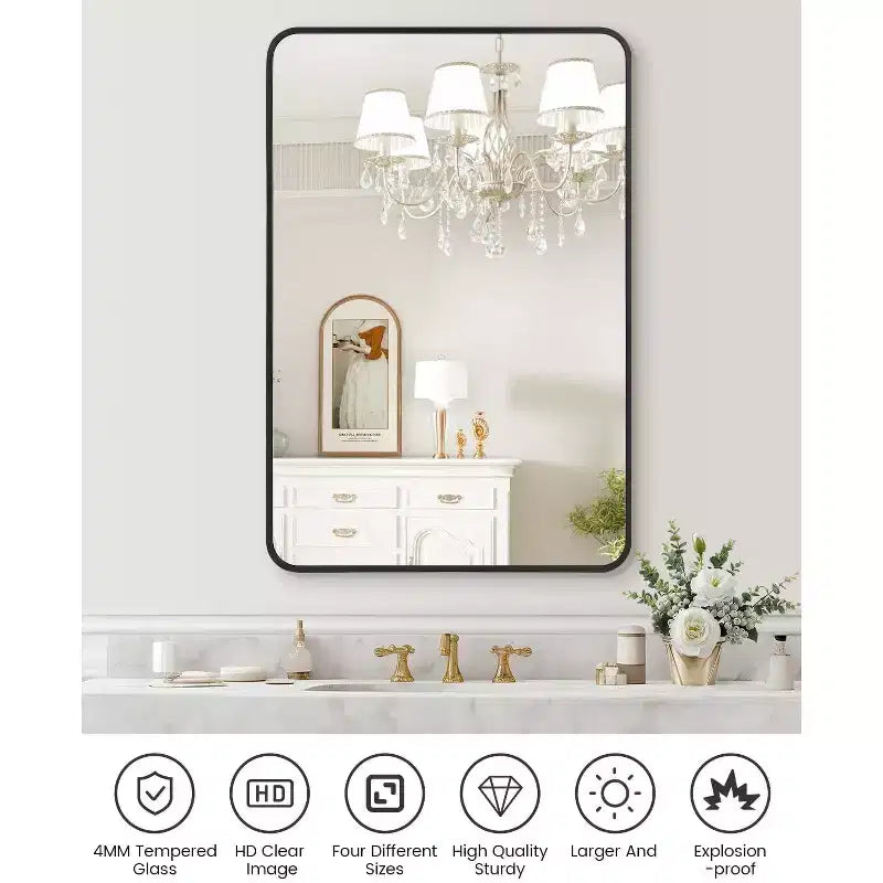 Bathroom Mirror 24x36 Inch, Black Framed Vanity Mirror with Rounded Corners