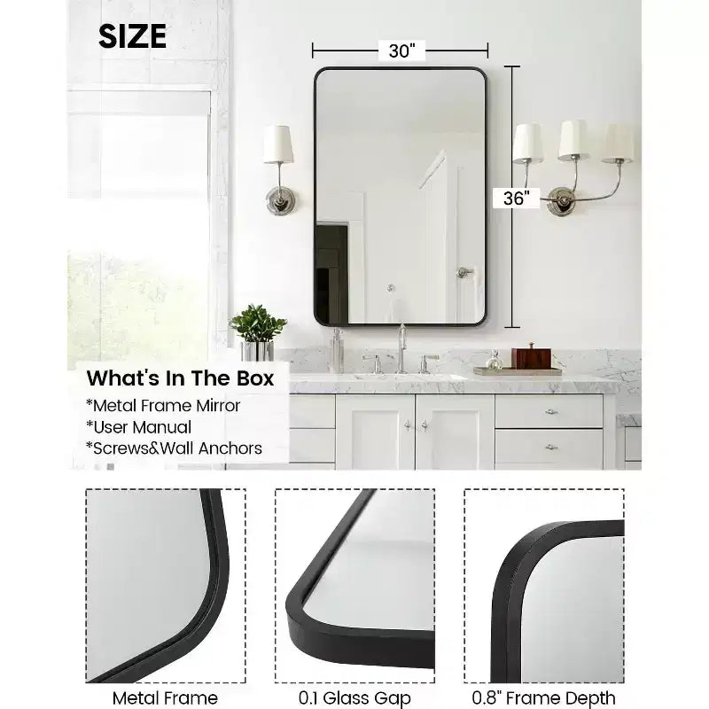 Bathroom Mirror 24x36 Inch, Black Framed Vanity Mirror with Rounded Corners