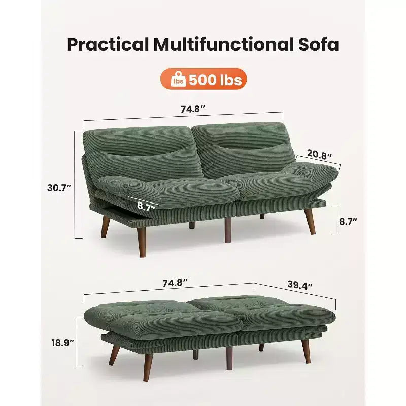 Futon Sofa Bed, Futon Couch Adjustable Backrest Armrests