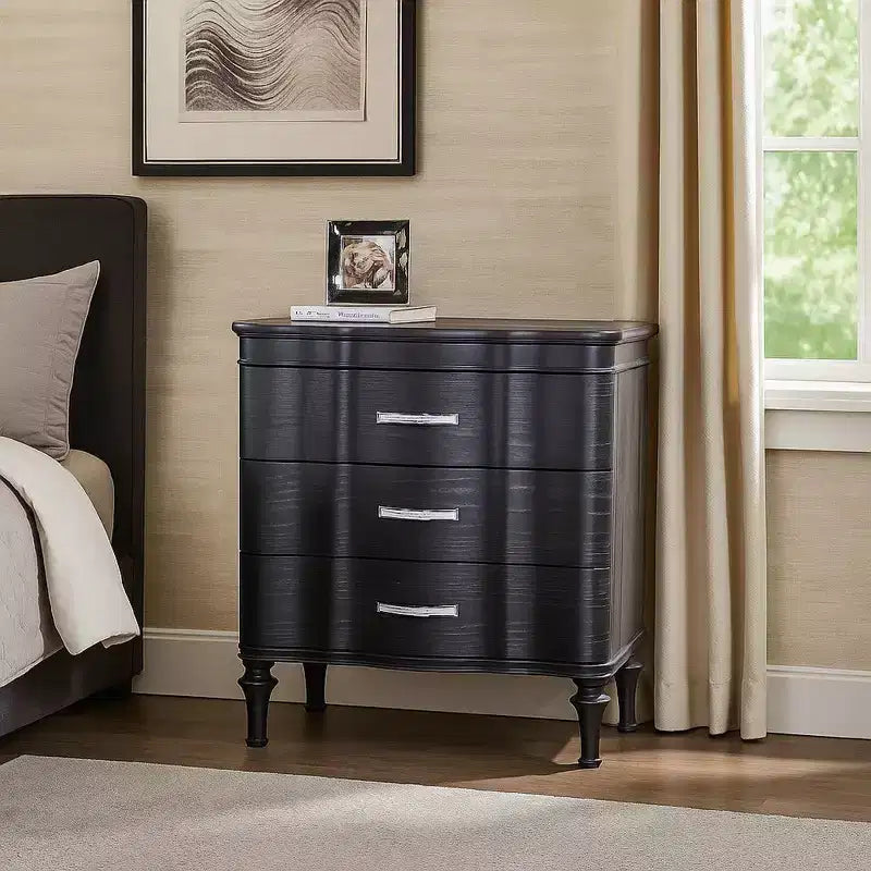 Royal Hampton Nightstand, 3 Drawers, Black Solid Wood, Metal Handles, 28 Inch