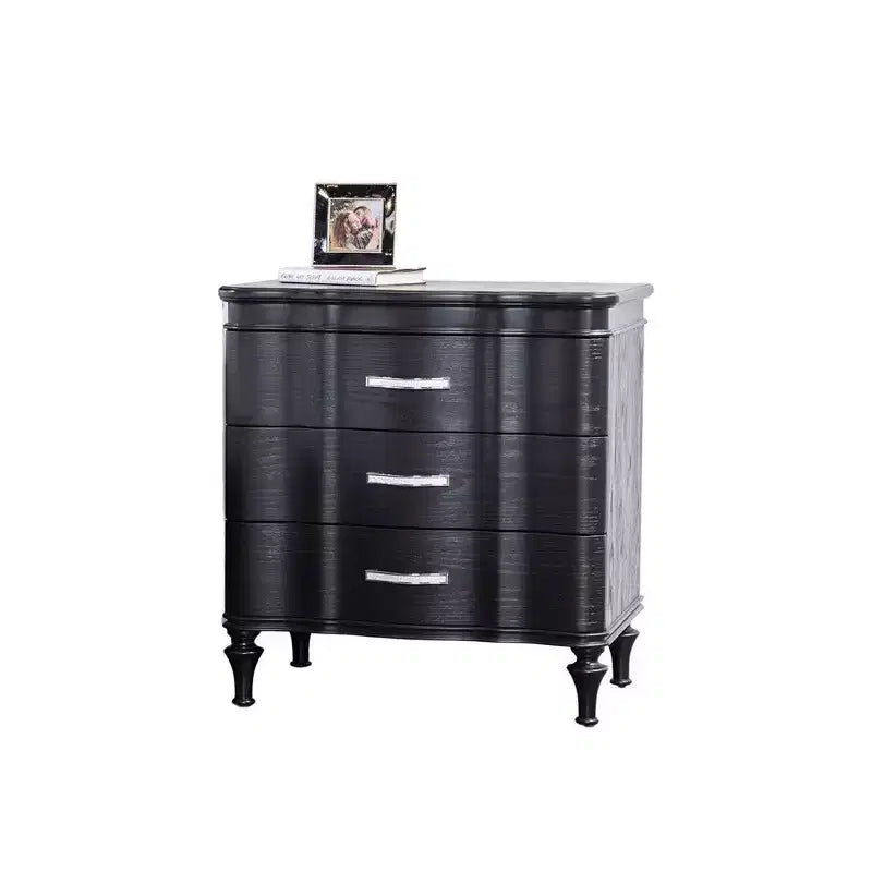 Royal Hampton Nightstand, 3 Drawers, Black Solid Wood, Metal Handles, 28 Inch